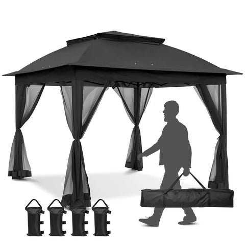 11x11 Pop Up Gazebo Tent With Mesh Netting, Instant Outdoor Canopy With UPF 50 Plus UV Protection, Water Resistant, Black, Quick Setup Backyard Shade For 8-10 People, Great For Parties And Picnics.