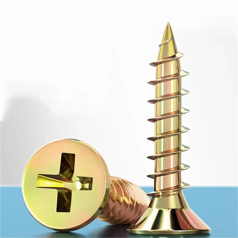 Heavy Duty Cross Flat Head Wood Screws Made From Galvanized Carbon Steel For M3 To M6, shown upright and flat
