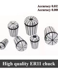 Solid ER11 Spring Collet For CNC Routing Fits 1-8mm Tools With Super Tight Accuracy And Smooth Grip showing multiple sizes and accuracy features.