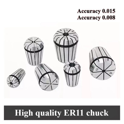 Solid ER11 Spring Collet For CNC Routing Fits 1-8mm Tools With Super Tight Accuracy And Smooth Grip showing multiple sizes and accuracy features.