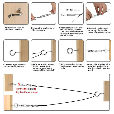 Installation guide for outdoor string light hanging kit with 100ft black vinyl coated 304 stainless steel cable and hardware.