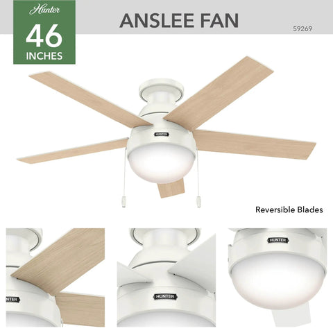46 Inch Indoor Ceiling Fan With LED Light, White Finish, Pull Chain Control, Low Profile Mount, Five Blade Design