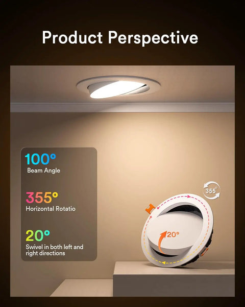 Lumary Gimbal Smart Recessed Lighting 6 Inch w/Remote, RGBWW WiFi Can Light with adjustable angles displayed.