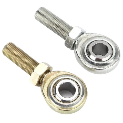 Built Like A Tank Two Pack Half Inch Bore Rod End Heim Joint Featuring Rock Solid Male Threads For Cars Atvs Motorcycles And Marine Suspension Parts, showing silver and gold joints.