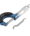 Outside Micrometer 0-25mm With 0.01mm Grad Ratchet Stop Handy Pro Grade Machinist Tool, satin chrome finish, shown with adjustment wrench
