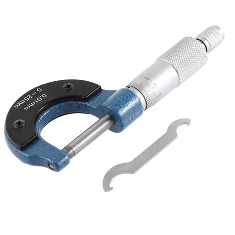Outside Micrometer 0-25mm With 0.01mm Grad Ratchet Stop Handy Pro Grade Machinist Tool, satin chrome finish, shown with adjustment wrench