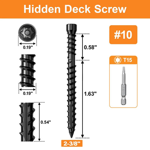Diagram of No 10 Hidden Deck Screws 2-3/8 Inch, showing dimensions and T15 star bit, black finish, rust-resistant, alloy steel