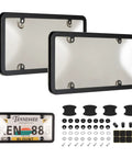 Two Pack Clear License Plate Frame And Protector Set For Front And Rear ABS Car Plate Covers With Screws Caps Fits Any Standard US Plates Weatherproof Anti Theft Compatible shown with screws and caps