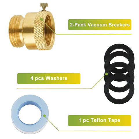 Beefy Anti Siphon Valve Three Quarter Inch Hose Bib Backflow Preventer Set with brass, washers, and tape for garden spigot and RV.
