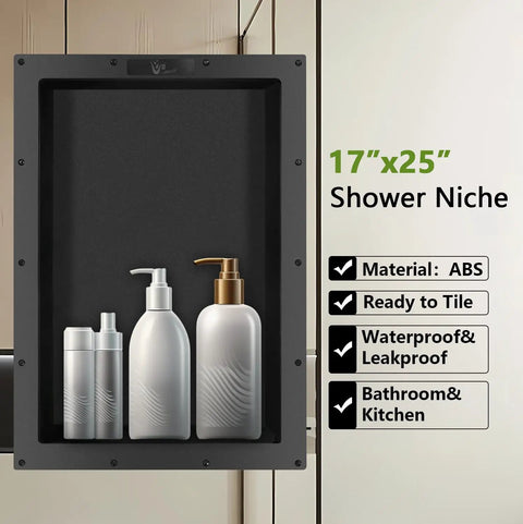 Shower Niche Shelf For Tiled Bathrooms 17 By 25 By 4 Inches with ABS material in wall featuring shampoo bottles