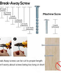 Break-away screw sizes and cutting instructions for proper length adjustment, with one inch machine screw for comparison.