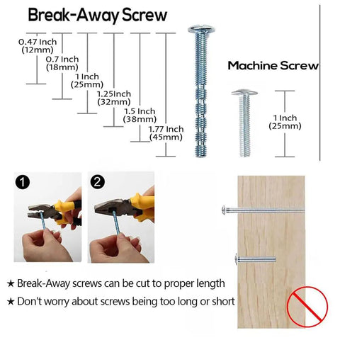 Break-away screw sizes and cutting instructions for proper length adjustment, with one inch machine screw for comparison.