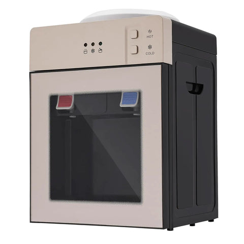 Hot And Cold Water Dispenser With Stainless Steel Liner Compact Desktop Cooler And Heater Three Temperature Settings For Home Office Bedroom Or Studio Use, black and beige design with control buttons and dual spouts.