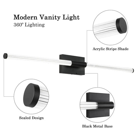 Diagram of Modern LED Vanity Light For Bathrooms, 40 Inch Over Mirror Fixture with acrylic stripe shade and black metal base.