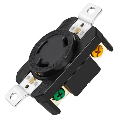 Front view of NEMA L6-30R locking receptacle, 30A 250V twist-lock, black body with green ground screw and mounting strap