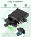 Precise Manual Goniometer Stage 65x65mm with black anodized platform and extended handwheel for fine optical positioning.