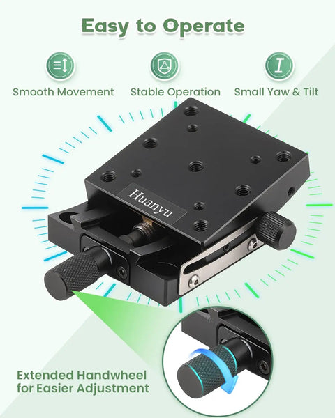 Precise Manual Goniometer Stage 65x65mm with black anodized platform and extended handwheel for fine optical positioning.