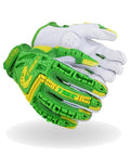 T Rex Windstorm Series ANSI A6 Goatskin Palm Impact Gloves Size 9 Large for heavy duty work, shown with green and white design.