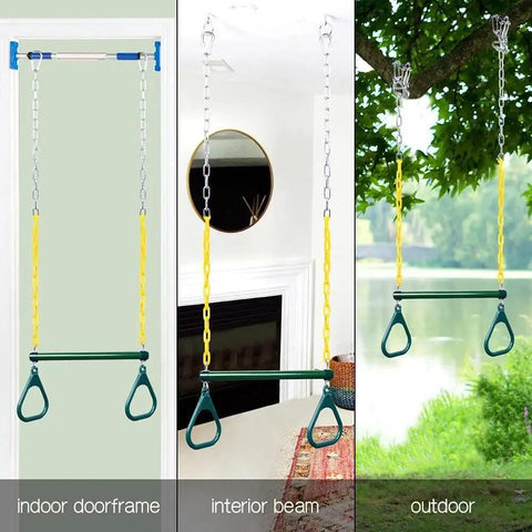 Heavy Duty Gym Rings Trapeze Swing Bar With 16 Inch Bar And 47 Inch Chain, Locking Carabiners, Monkey Bars for various setups