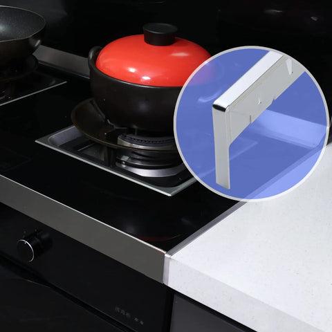 Stainless Steel Stove Gap Covers 2 Pack Notched Design, close-up of cover on kitchen counter next to cooktop