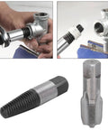 Ultimate 3/4 Inch Pipe Tap Set Plus Broken Pipe Extractor Tool For Hard Water Repair Kit To Bust Seize Threads And Remove Screw Snaps Like A Champ. steel pipe extractor set in use on broken threaded pipe