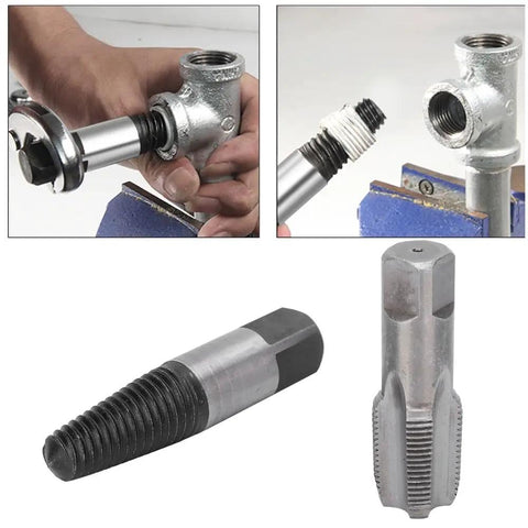 Ultimate 3/4 Inch Pipe Tap Set Plus Broken Pipe Extractor Tool For Hard Water Repair Kit To Bust Seize Threads And Remove Screw Snaps Like A Champ. steel pipe extractor set in use on broken threaded pipe