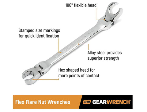 Six Piece Flex Flare Nut Wrench Set Metric With 180 Degree Flexible Head for tight spots, stamped sizes, alloy steel, hex head