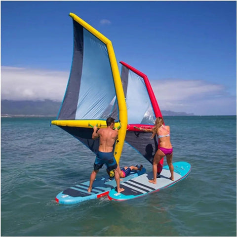People using Inflatable Surf Wing For Wind Wing Foiling And Surfing, 4.2 Square Meters on paddleboards, blue and red wings visible.