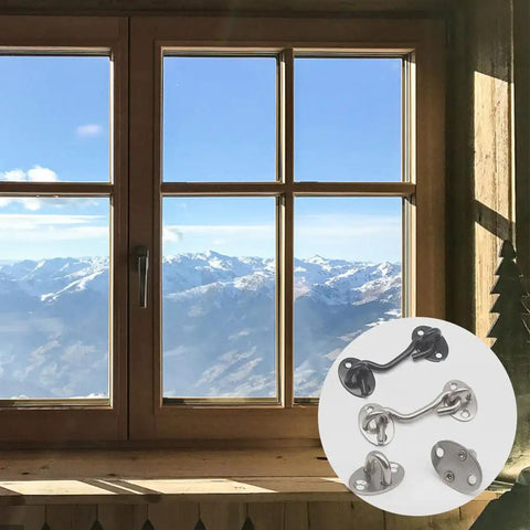 Heavy Duty Stainless Steel Gate Hook and Eye Latch for Barn Door Fence displayed in window view with mountain backdrop.
