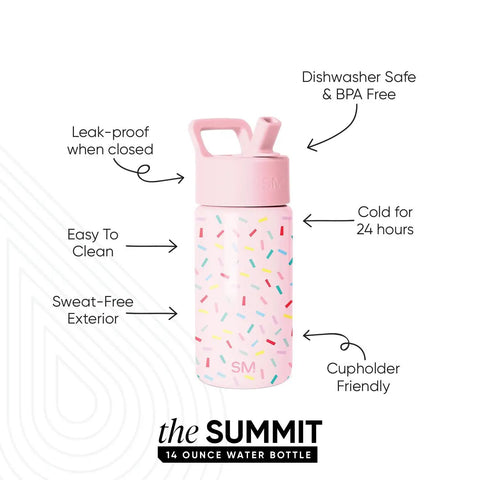 Keep Things Chill In Backpacks With This Kid Approved Confetti Insulated Water Bottle Packed With A Leak Proof Straw Lid And Double Wall Stainless Steel Build For Little Ones 14 Oz, pink 14 oz bottle with sprinkles, leak-proof lid, and cupholder friendly.