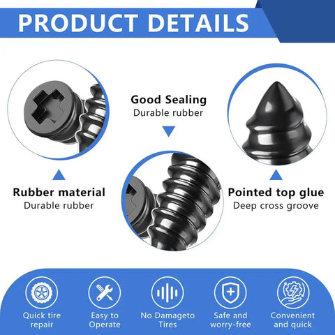 Product details of Roadside Ready Tire Repair Kit With Screw In Tubeless Plugs In 2 Sizes, showing rubber material and pointed top glue.