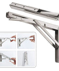 Top Shelf Heavy Duty Folding Shelf Brackets 20 Inch Wall Mount Space Saving Brushed Stainless Steel DIY Desk Support Built Like A Tank Holds 440 Pounds Pack Of 2 shown in use with a wall mount.