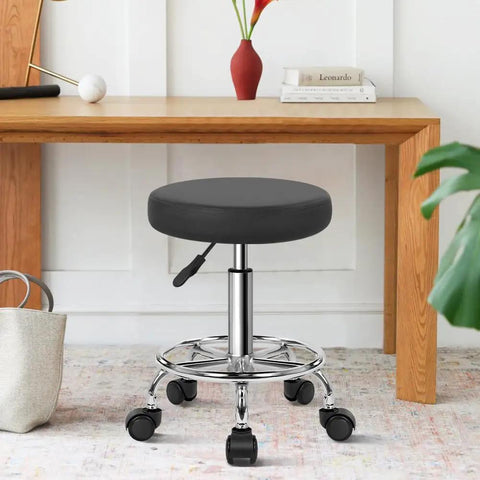 Round Rolling Stool With Footrest In PU Leather, Height Adjustable 360 Degree Swivel Office Chair On Wheels For Home Office