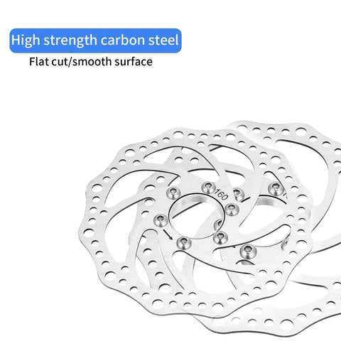 160mm stainless steel mountain bike disc brake rotor direct fit replacement, 6-bolt pattern for threaded hubs, close-up view.
