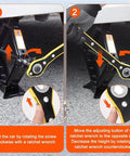 Scissor car jack with yellow arms and lug wrench, shown in two-panel instructions for lifting and height adjustment.