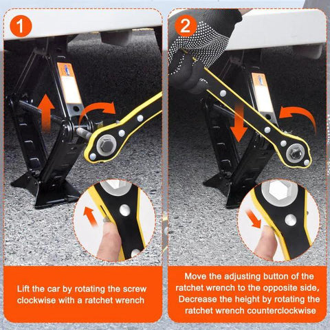 Scissor car jack with yellow arms and lug wrench, shown in two-panel instructions for lifting and height adjustment.