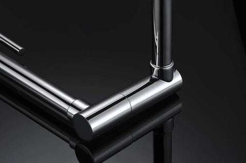 Close-up of Deck Mount Pot Filler Faucet in Chrome Finish with Extension Shank and 20 Inch Dual Swing Joints Spout on black surface.
