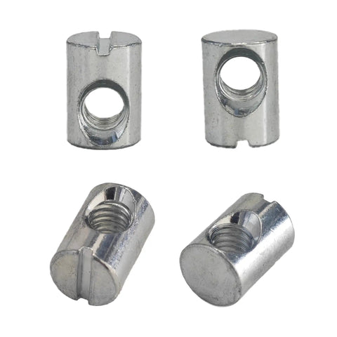 Top Shelf Cross Dowel Barrel Nuts M6 X 14 Millimeter Zinc Plated Furniture Hardware Connectors shown from various angles.