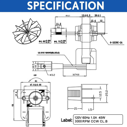 Technical drawing of Bathroom Vent Fan Motor Replacement Kit For Nutone And Broan 50 CFM 120V Ceiling Blower Wheel