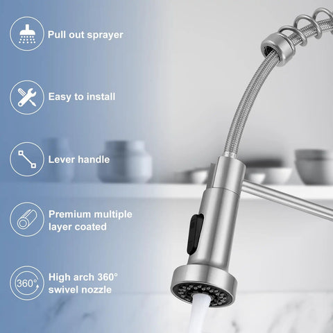 Brushed Nickel Kitchen Faucet With Pull Down Sprayer, High Arc Single Handle, 1 Or 3 Holes Install, Deck Plate Included sprayer close-up