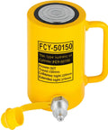 Yellow hydraulic bottle jack with side handle; 50-ton lifting capacity.