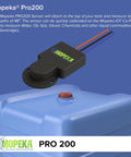 Pro200 Ultrasonic Tank Level Sensor with Bluetooth and wired connectivity on blue non-pressurized tank, accurate to 48 inches