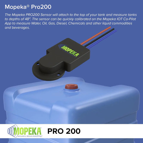 Pro200 Ultrasonic Tank Level Sensor with Bluetooth and wired connectivity on blue non-pressurized tank, accurate to 48 inches