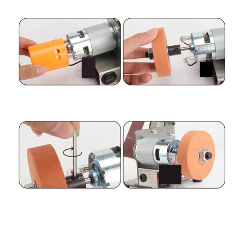Upgrade Your Workshop Vibes With This Super Compact Mini Desktop Belt Sander, demonstrating belt changing and adjustment steps.