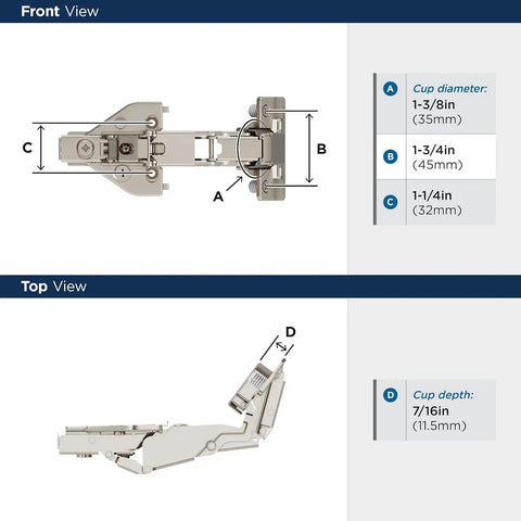 Durable Steel 165 Degree Bifold Cabinet Hinges For Lazy Susan Corners Self Closing Full Overlay Door Mount Peanuts To Install Sweet Nickel Finish Runs Smooth Strong Grip Hardware Included Box top and front view diagrams with measurements.