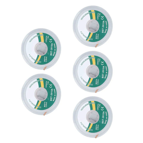 5 Piece Solder Wick Set For Electronics Repair, Alloy Copper Desoldering Braid In 1.5mm To 3.5mm Widths, Great For Circuit Boards PCBs