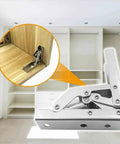 Adjustable Door Hinge Set Self Supporting Cabinet Door Flap 90 Degree Table Holder Hinge in a wooden cabinet setting.