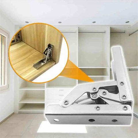 Adjustable Door Hinge Set Self Supporting Cabinet Door Flap 90 Degree Table Holder Hinge in a wooden cabinet setting.