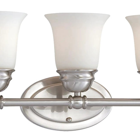 Bella Bath Light In Brushed Nickel 6.5 Inch Depth By 31 Inch Wide By 9 Inch High Etched Glass Reversible Mounting Up Or Down A19 Bulb Not Included