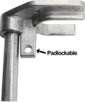 Close-up of galvanized padlockable Chain Link Drop Rod Pin Latch for One to Three Eighths Inch Double Gate Frame 36 Inch Long